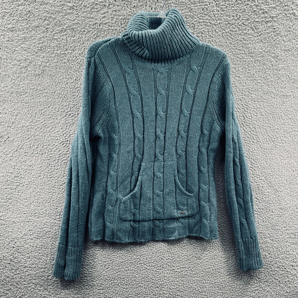 Columbia‎ Womens Fisherman Sweater L Blue Turtleneck Wool Alpaca Pocket Outdoor